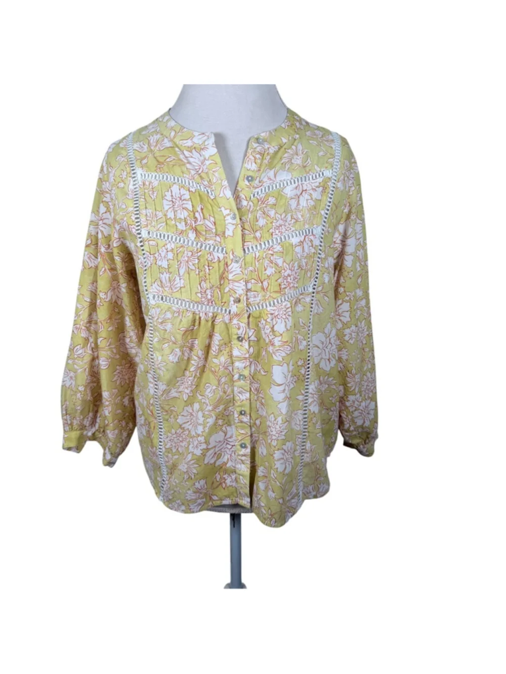MAYE Paloma Shirt Havana Print Yellow Floral Cotton Pintuck Blouse Boho Size S